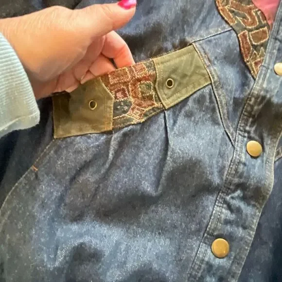 Vintage 90’s women’s size Med denim patchwork coat Aztec inspired - Picture 6 of 14